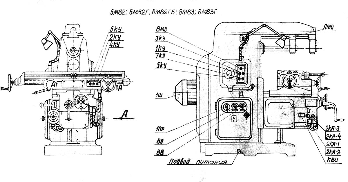 Cхема розположення електроустаткування на горизонтальных консольно-фрезерных верстатах 6М82, 6М82Г, 6М82ГБ, 6М83, 6М83Г